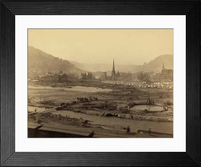Framed Print : Ruins of Johnstown after the flood of May 31, 1889 with Camp of relief corps (center right)