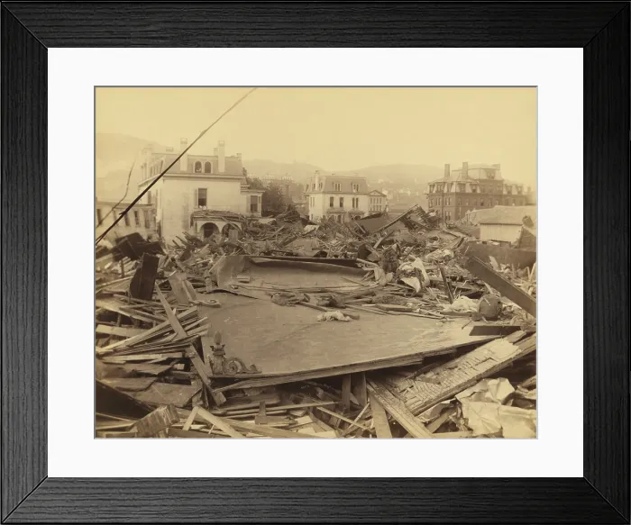 Framed Print : Club House and Morrell Institute standing in the debris after the Johnstown Flood of May 31st, 1889. Both buildings served as havens of safety