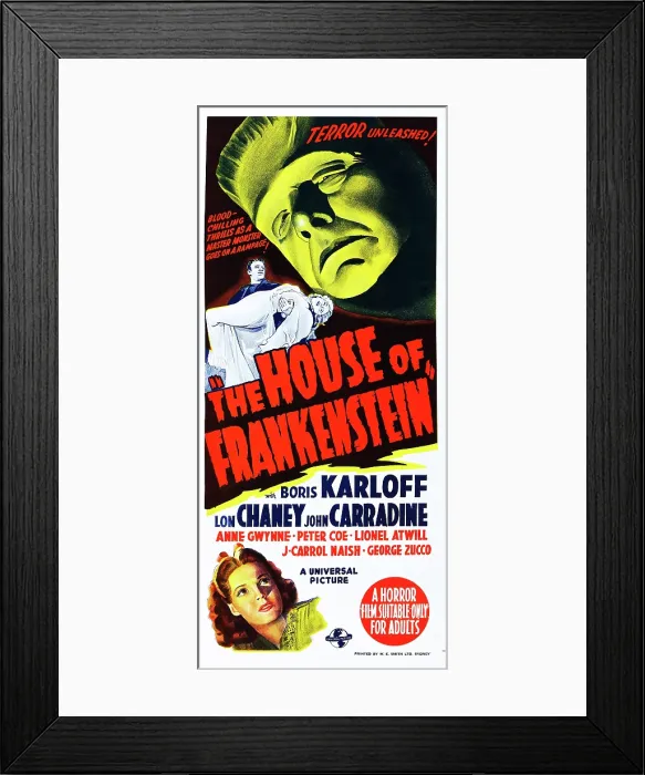 Framed Print : HOUSE OF FRANKENSTEIN, US poster art, from top: Boris Karloff, bottom: Anne Gwynne, 1944