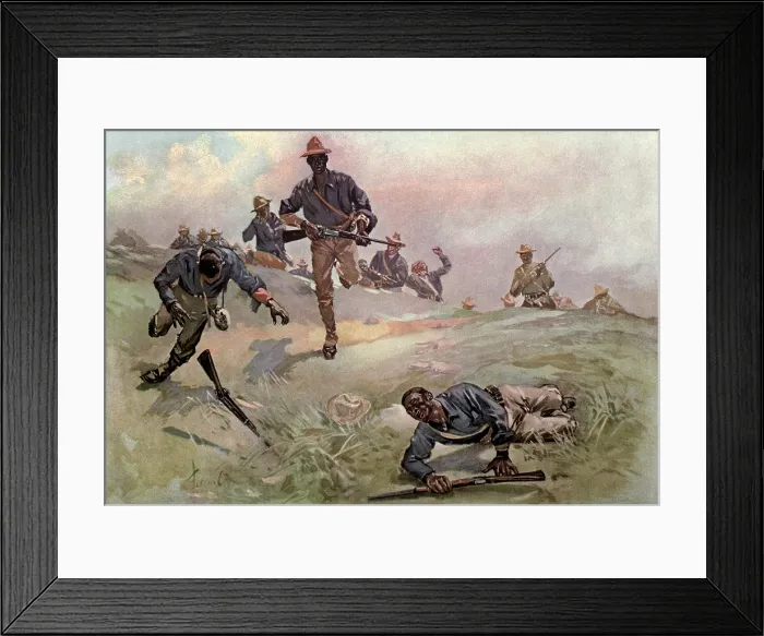 Framed Print : African Americans of Troop C, Ninth US Cavalry, with Capt. Taylor, leading the charge. In the background is the blockhouse at San Juan Heights Framed Print : African Americans of Troop C, Ninth US Cavalry, with Capt. Taylor, leading the charge. In the background is the blockhouse at San Juan Heights