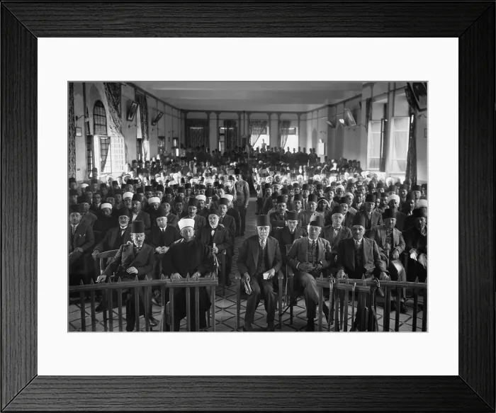 Framed Print : Arab protest gathering in session in Jerusalem during the 1929 riots. Five Palestinian leaders in the front row Framed Print : Arab protest gathering in session in Jerusalem during the 1929 riots. Five Palestinian leaders in the front row