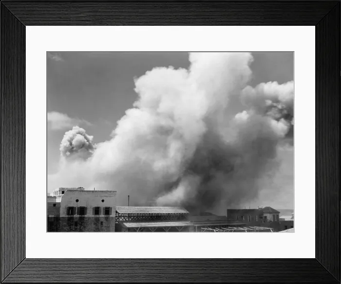 Framed Print : Smoke from dynamiting slum sections of Jaffa in the summer of 1936