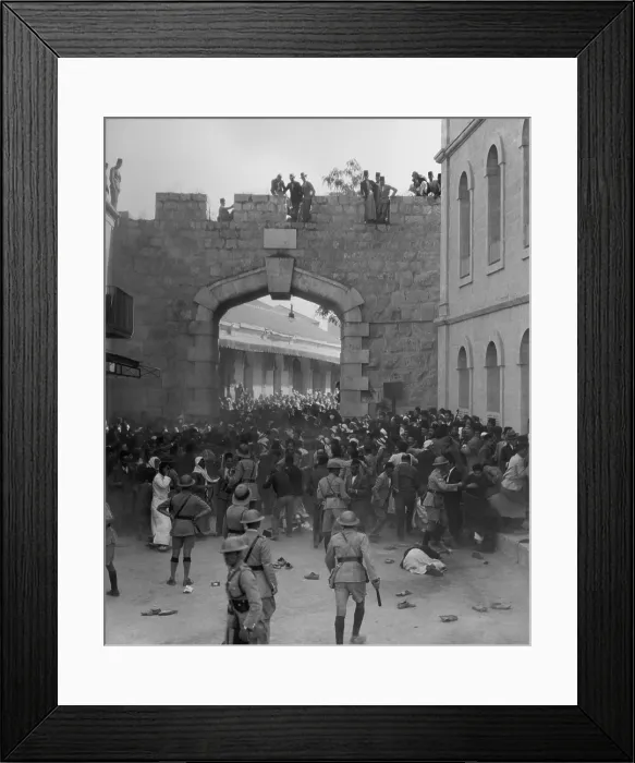 Framed Print : Arab demonstration at the New Gate, Jerusalem, as the police cordon blocked the procession. Oct. 13, 1933 Framed Print : Arab demonstration at the New Gate, Jerusalem, as the police cordon blocked the procession. Oct. 13, 1933