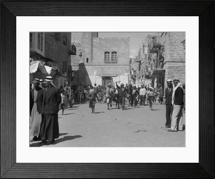Framed Print : Arab youths running in Bethlehem after burning government offices during Arab Revolt. Sept. 14, 1938 (BSLOC_2017_1_206) Framed Print : Arab youths running in Bethlehem after burning government offices during Arab Revolt. Sept. 14, 1938 (BSLOC_2017_1_206)