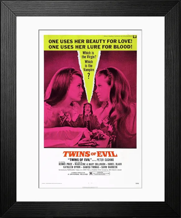 Framed Print : TWINS OF EVIL, (aka TWINS OF DRACULA), US poster art, from left: Madeleine Collinson, Damien Thomas, Mary Collinson, 1971