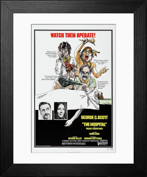 Framed Print : THE HOSPITAL, US poster art, bottom from left: George C. Scott, Diana Rigg, 1971