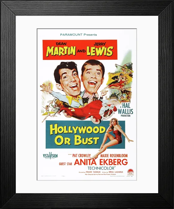 Framed Print : HOLLYWOOD OR BUST, top l-r: Dean Martin, Jerry Lewis, bottom: Anita Ekberg on poster art, 1956