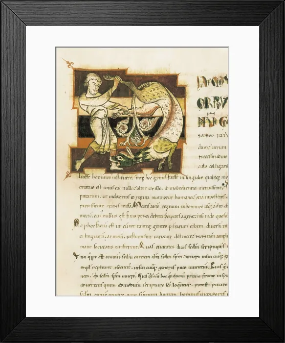 Framed Print : AUGUSTINE, Saint (354-430). Page illuminated from an edition of 'The City of God' of Saint Augustine published in the 12th century. Romanesque art. Miniature Painting