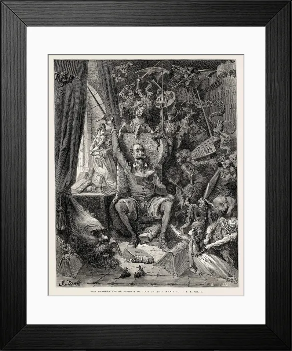Framed Print : Dore, Gustave (1832-1883). Don Quixote reading chivalresque novels. 1863. Illustration of 'Don Quixote of La Mancha' (preface of the first part). Etching. SPAIN. Madrid Framed Print : Dore, Gustave (1832-1883). Don Quixote reading chivalresque novels. 1863. Illustration of 'Don Quixote of La Mancha' (preface of the first part). Etching. SPAIN. Madrid
