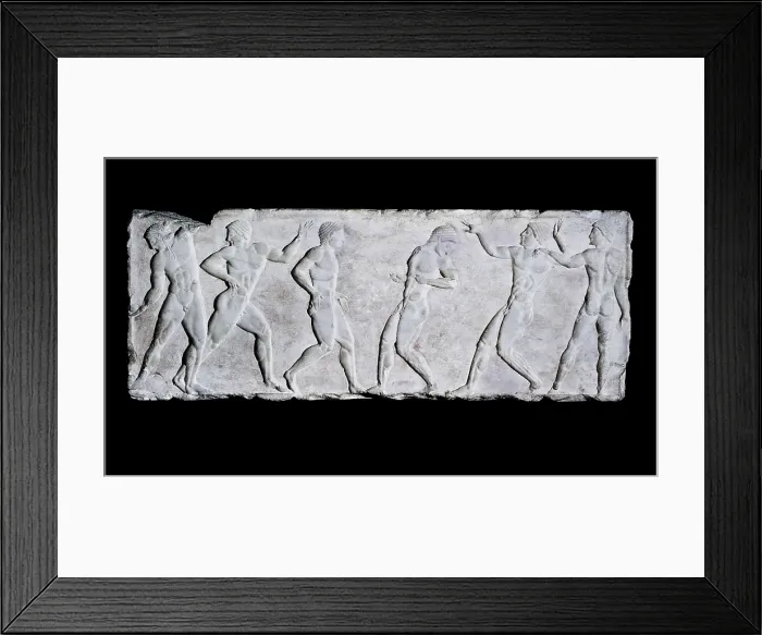 Framed Print : Base of a funerary kouros with six athletes. 510 -500 BC. Archaic Greek art. Relief on marble. GREECE. Athens. National Museum of Archaeology. Proc: GREECE. Athens. Acropolis Framed Print : Base of a funerary kouros with six athletes. 510 -500 BC. Archaic Greek art. Relief on marble. GREECE. Athens. National Museum of Archaeology. Proc: GREECE. Athens. Acropolis