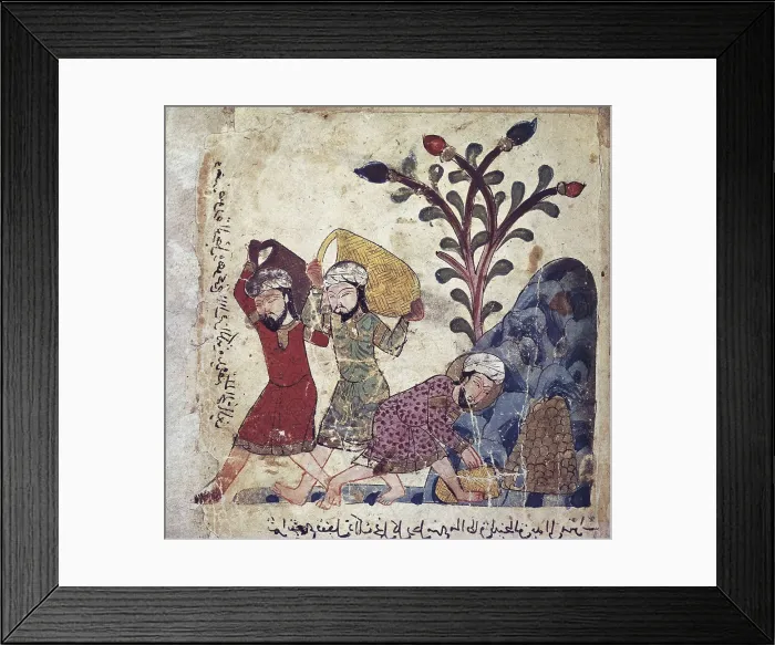 Framed Print : The Book of Calila and Dimna. Arabian translation by Ibn al-Muqaffa, civil servant of the Abassid court. Illustration with three neighboors at the fountain. Abbasid art