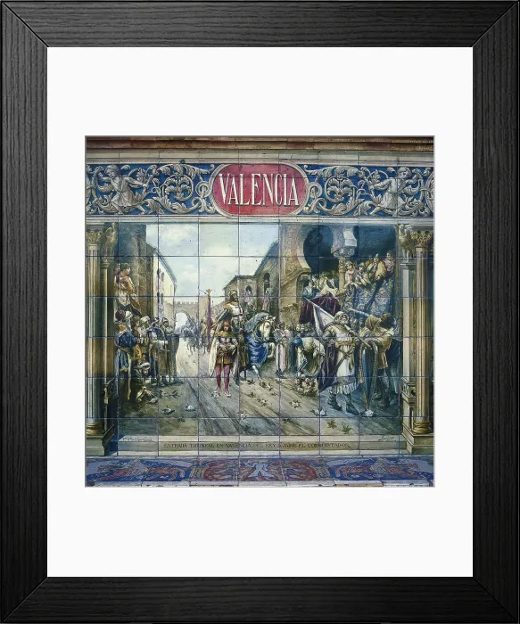 Framed Print : SPAIN. Sevilla. Spain Square. Spain. Crown of Aragon. Conquest of Valencia (1238). Triumphal entrance of James I the Conqueror into Valencia. Glazed tile. Ceramics