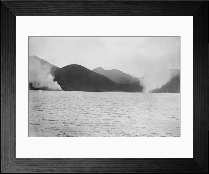 Framed Print : Oquendo and Maria Teresa, aground and burning during the Battle of Santiago, Spanish American War. July 3, 1898
