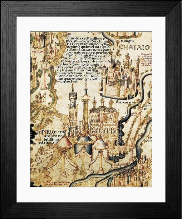 Framed Print : World map by Fra Mauro (1459). Detail of Beijing. Miniature Painting. ITALY. Venice. Biblioteca nazionale marciana (St. Mark's Library) Framed Print : World map by Fra Mauro (1459). Detail of Beijing. Miniature Painting. ITALY. Venice. Biblioteca nazionale marciana (St. Mark's Library)