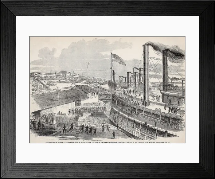 Framed Print : Several troop transport ships take on equipment, supplies, and soldiers at the docks of Fort Defiance at Cairo, Illinois