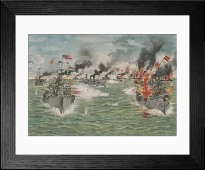 Framed Print : US Asiatic Squadron delivers the last broadside to the Spanish Pacific fleet, May 1, 1898. The Spanish fleet, was outgunned and out-armored by the U.S Framed Print : US Asiatic Squadron delivers the last broadside to the Spanish Pacific fleet, May 1, 1898. The Spanish fleet, was outgunned and out-armored by the U.S