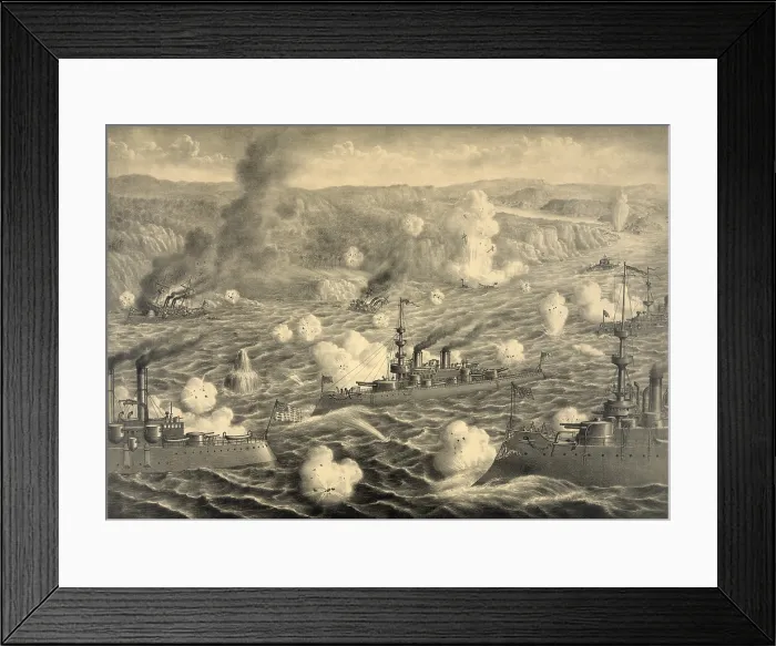 Framed Print : Destruction of Spanish fleet after it left Santiago Bay on July 3, 1898