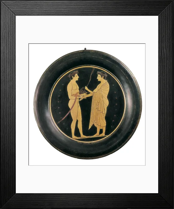 Framed Print : EPICTETUS (6th century BC). Plate depicting the delivery of the palm. 6th c. BC. Work in the style transition between black-figures to red-figures on black backgroung. Ceramics Framed Print : EPICTETUS (6th century BC). Plate depicting the delivery of the palm. 6th c. BC. Work in the style transition between black-figures to red-figures on black backgroung. Ceramics
