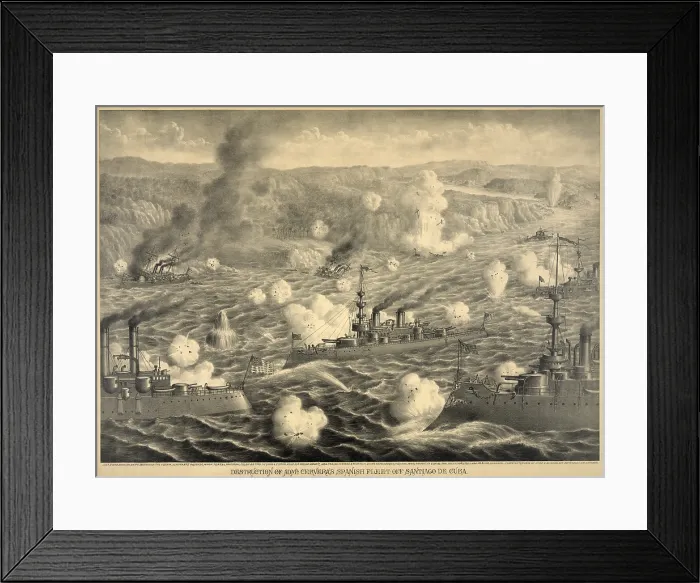 Framed Print : Destruction of Spanish fleet after it left Santiago Bay on July 3, 1898 Framed Print : Destruction of Spanish fleet after it left Santiago Bay on July 3, 1898