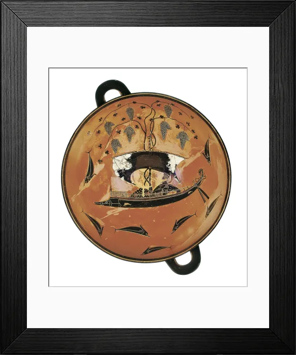 Framed Print : EXEKIAS (6th century BC). Dionysos on a ship. 540 BC. Black figures on a reddish clay. Archaic Greek art. Ceramics. GERMANY. Munich