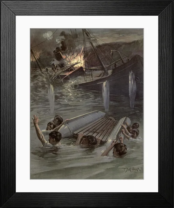 Framed Print : US Naval officer Richard Hobson and six sailors under Spanish fire after sinking the USS Merrimac