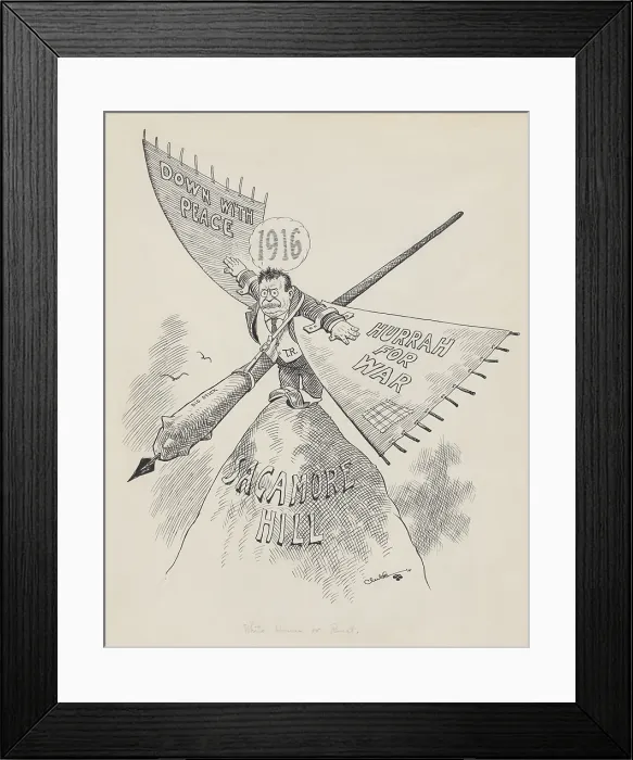 Framed Print : WHITE HOUSE OR BUST, is handwritten title of John Clubbs 1915 cartoon of Theodore Roosevelt. TR wears wings inscribed with Down with Peace and Hurrah for War