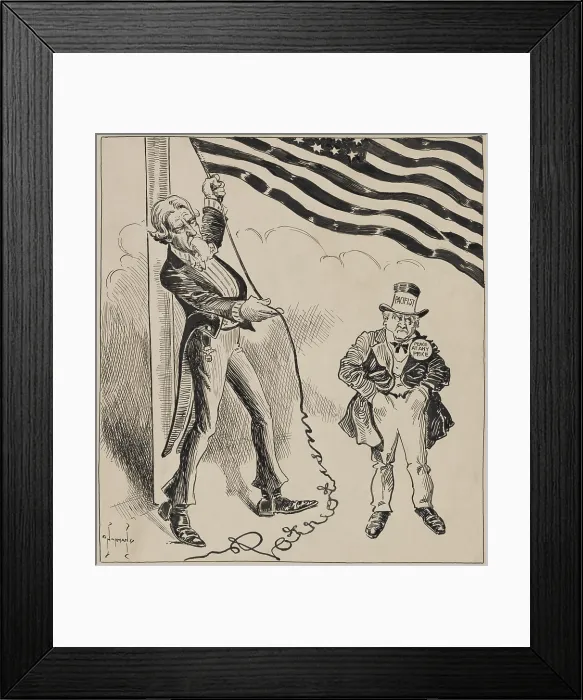 Framed Print : TIME TO TAKE HOLD. Pacifist wearing a Peace at Any Price button, is urged by Uncle Sam to be a patriot and raise an American flag