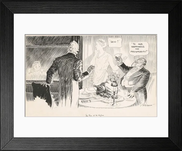 Framed Print : THE FACE AT THE WINDOW, shows Europeans suffering in World War 1 as Americans thrive. It depicts two wealthy men toasting to their happiness and prosperity at a Thanksgiving meal
