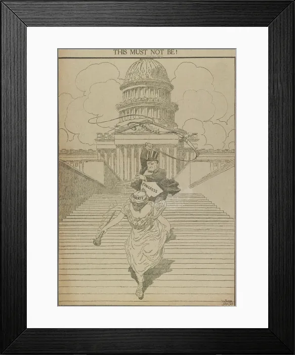 Framed Print : THIS MUST NOT BE! World War 1 American political cartoon attacking the Espionage Bill. Liberty descends the steps of the U.S
