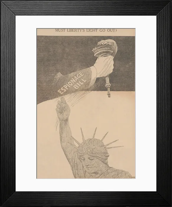 Framed Print : MUST LIBERTYS LIGHT GO OUT? Arm labeled Espionage Bill grabbing the torch from the Statue of Libertys upraised hand