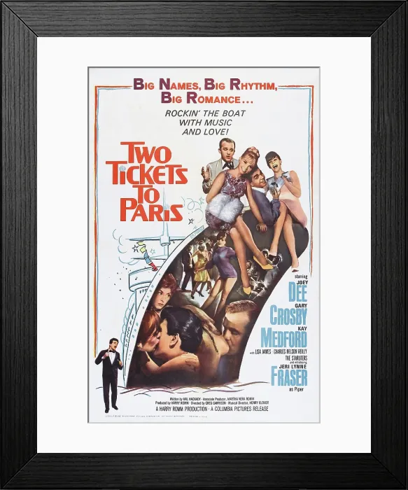 Framed Print : TWO TICKETS TO PARIS, US poster, top from left: Gary Crosby, Jeri Lynn Frazer, Joey Dee, Lisa James, Joey Dee (bottom left), 1962