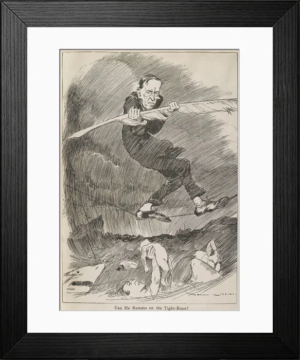 Framed Print : CAN HE REMAIN ON THE TIGHT-ROPE? President Woodrow Wilson balancing with a quill pen, on a tightrope over a shark infested Atlantic Ocean and victims of German submarine warfare Framed Print : CAN HE REMAIN ON THE TIGHT-ROPE? President Woodrow Wilson balancing with a quill pen, on a tightrope over a shark infested Atlantic Ocean and victims of German submarine warfare