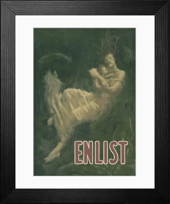 Framed Print : A submerged woman passenger from the Lusitania, cradling an infant in her arms. American poster created during the Preparedness Movement before the US entered WW1