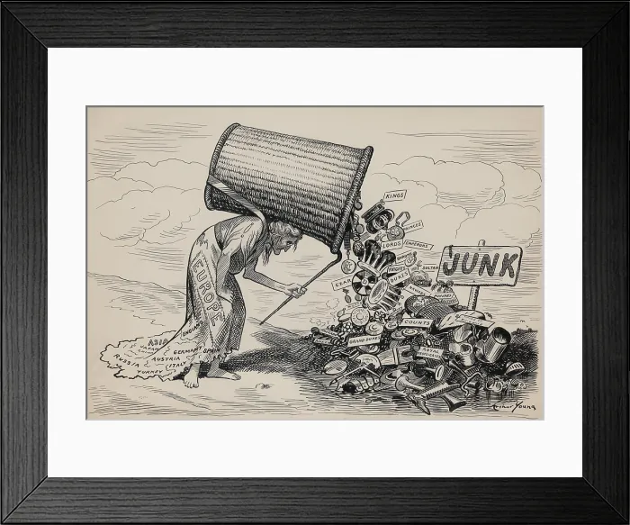Framed Print : SOMEDAY. An old woman representing Europe, dumps the attributes of monarchy in a junk pile Framed Print : SOMEDAY. An old woman representing Europe, dumps the attributes of monarchy in a junk pile