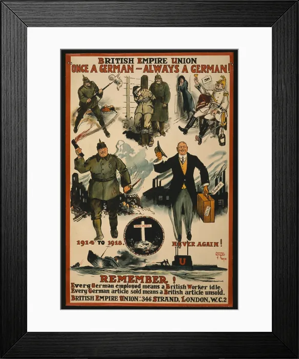 Framed Print : Virulent anti-German World War 1 poster by the British Empire Union, 1918