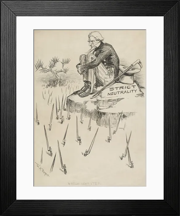 Framed Print : WATCH YOUR STEP, political cartoon of a strictly neutral Uncle Sam, 1914. He sits along on a rock with bayonets emerging from the ground below (BSLOC_2017_1_41)