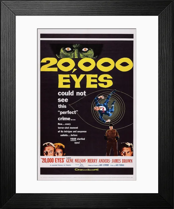 Framed Print : 20, 000 EYES, US poster art, bottom left: Gene Barry, Merry Anders; bottom right: James Brown, 1961. TM & Copyright 20th Century-Fox Film Corp