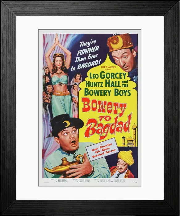 Framed Print : BOWERY TO BAGDAD, US poster art, top from left: Joan Shawlee, Huntz Hall; bottom from left: Leo Gorcey, Eric Blore, 1955