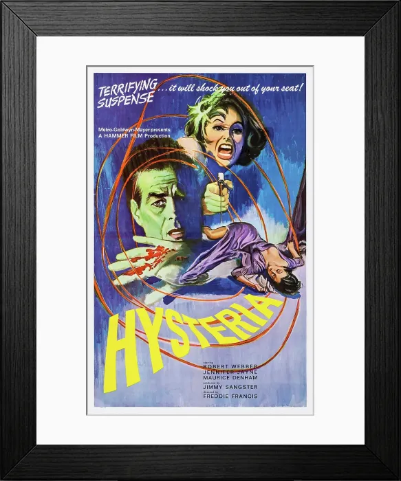 Framed Print : HYSTERIA, US poster art, from left: Robert Webber, Jennifer Jayne, Lelia Goldoni, 1965 Framed Print : HYSTERIA, US poster art, from left: Robert Webber, Jennifer Jayne, Lelia Goldoni, 1965
