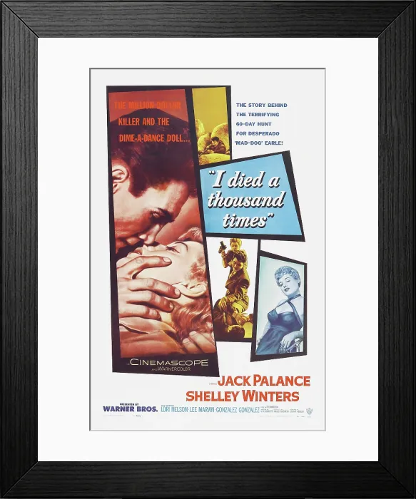 Framed Print : I DIED A THOUSAND TIMES, left from top: Jack Palance, Shelley Winters, center top: Jack Palance, center bottom: Shelley Winters, Jack Palance, far right: Shelley Winters, 1955 Framed Print : I DIED A THOUSAND TIMES, left from top: Jack Palance, Shelley Winters, center top: Jack Palance, center bottom: Shelley Winters, Jack Palance, far right: Shelley Winters, 1955