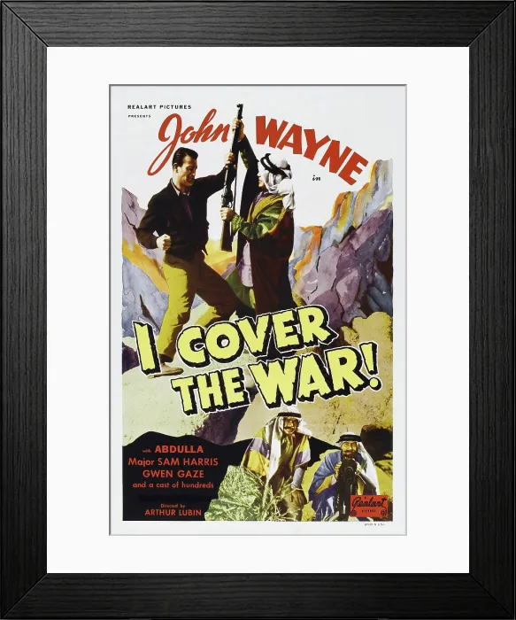 Framed Print : I COVER THE WAR, top left: John Wayne in 1940s reissue poster, 1937