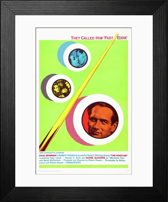 Framed Print : THE HUSTLER, US poster, top from left: Piper Laurie, Paul Newman, left from left: Paul Newman, bottom right: Paul Newman on 1964 reissue poster, 1961