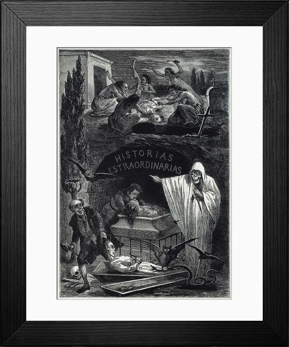 Framed Print : POE, Edgar Allan (1809-1849). 'Historias Extraordinarias' (Extraordinary Tales). Spanish edition. Cover. Painting. SPAIN. Madrid. National Library