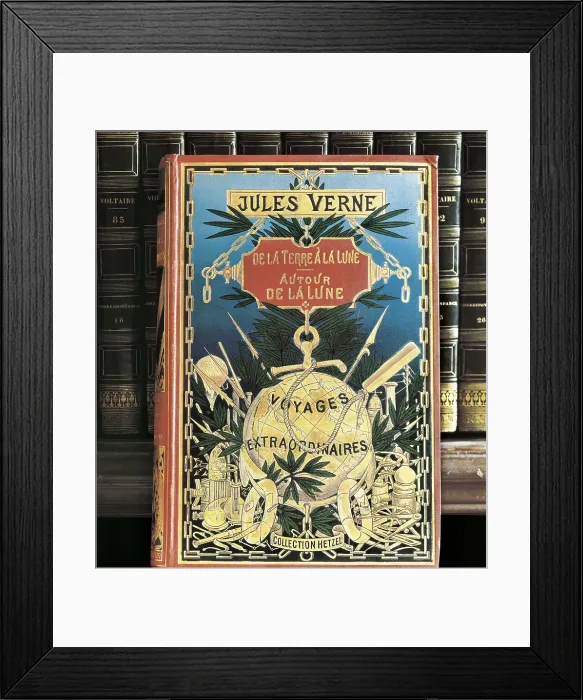 Framed Print : VERNE, Jules (1828-1905). Cover of the novels 'From the Earth to the Moon' and 'Around the Moon'. Edition made by Hetzel and illustrated by Emile Bayard and A