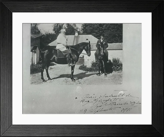 Framed Print : TOLSTOY, Lev Nikolayevich, Leo (1828-1910). Leo Tolstoy with P.P.Trubetskoi on horseback at the writer's house in 1910. RUSSIA. TULA. Ysnaia Poliana. Tolstoy House Museum