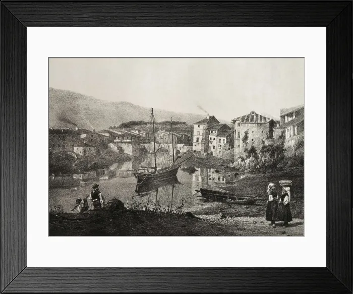 Framed Print : Spain (19th c.). Picturesque view of the port of Llanes. Engraving by Francesc Xavier Parcerisa for the work 'Recuerdos y bellezas de Espaa'. Litography