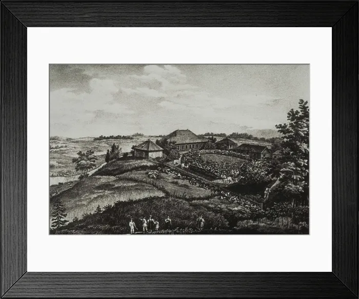 Framed Print : PUSHKIN, Aleksandr Sergeyevich (1799-1837). Pushkin family's estate in Mikhailovskoe, near Pskov, after a drawing by I.S.Ivanov engraved by P.A. Alexandrov (1837). Litography