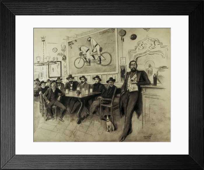 Framed Print : OPISSO I SALA, Ricard (1880-1960). Interior of Caf. 1900. Charcoil drawing. They are represented, among others, Pere Romeu, Pablo Picasso, Isidre Nonell and Ramn Casas. Modernism