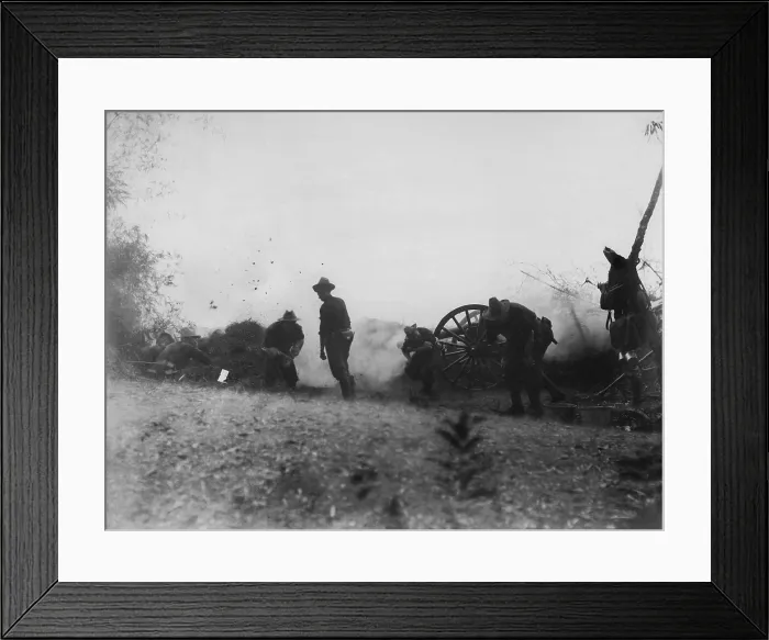 Framed Print : Philippine-American War fighting began on Feb. 4, 1899. Utah Battery on McCloud Hill, February 5, 1899, was firing on Insurgents on San Juan Bridge