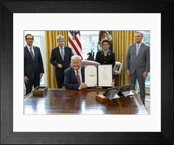 Framed Print : President Donald Trump after signing the Paycheck Protection Program and Health Care Enhancement Act Friday, April 24, 2020. Standing, L-R: Treasury Secretary Steven Mnuchin; Sen